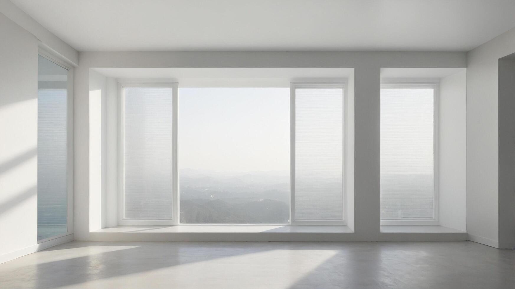 Minimalist white room interior with windows showing natural scenery. A clean room with shadow overlays. The morning sun passes through the window. AI-Generated photo