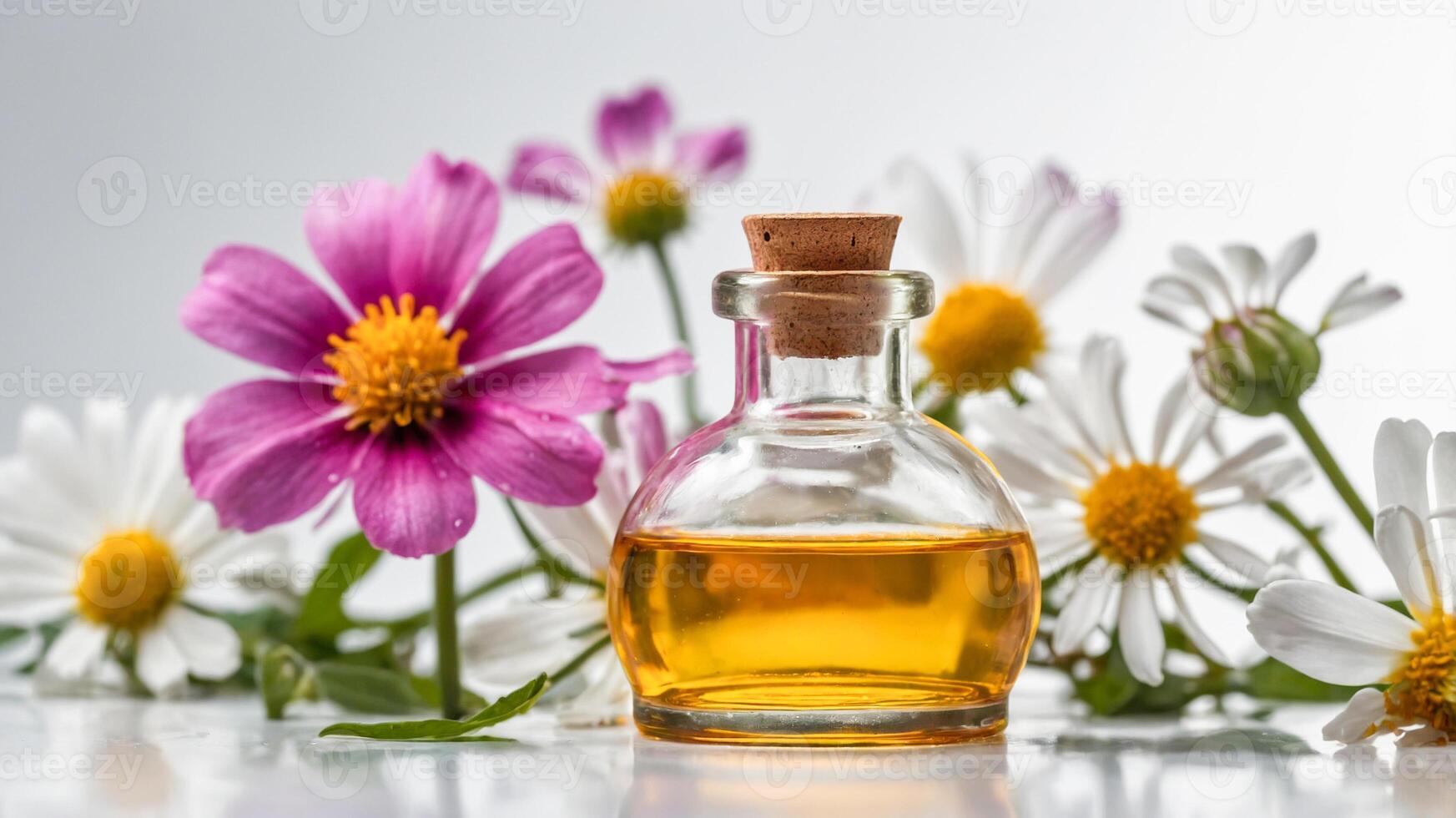 Close-up of flower essential oil in a glass bottle on a white background. Freshness of aromatherapy with a sprinkling of flowers. AI-Generated photo