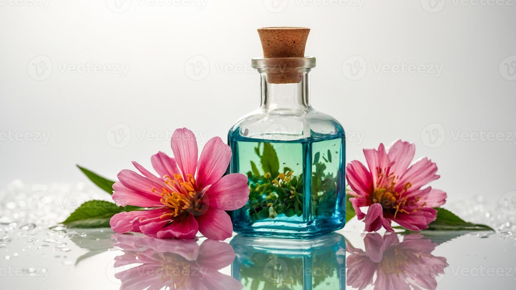 Close-up of flower essential oil in a glass bottle on a white background. Freshness of aromatherapy with a sprinkling of flowers. AI-Generated photo