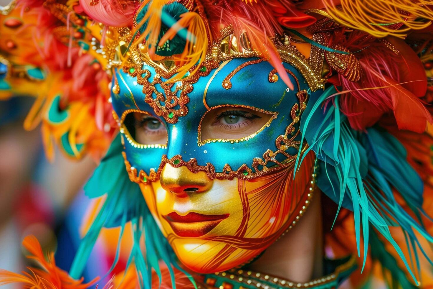 Closeup of a Woman Wearing a Colorful Venetian Mask During Carnival. photo