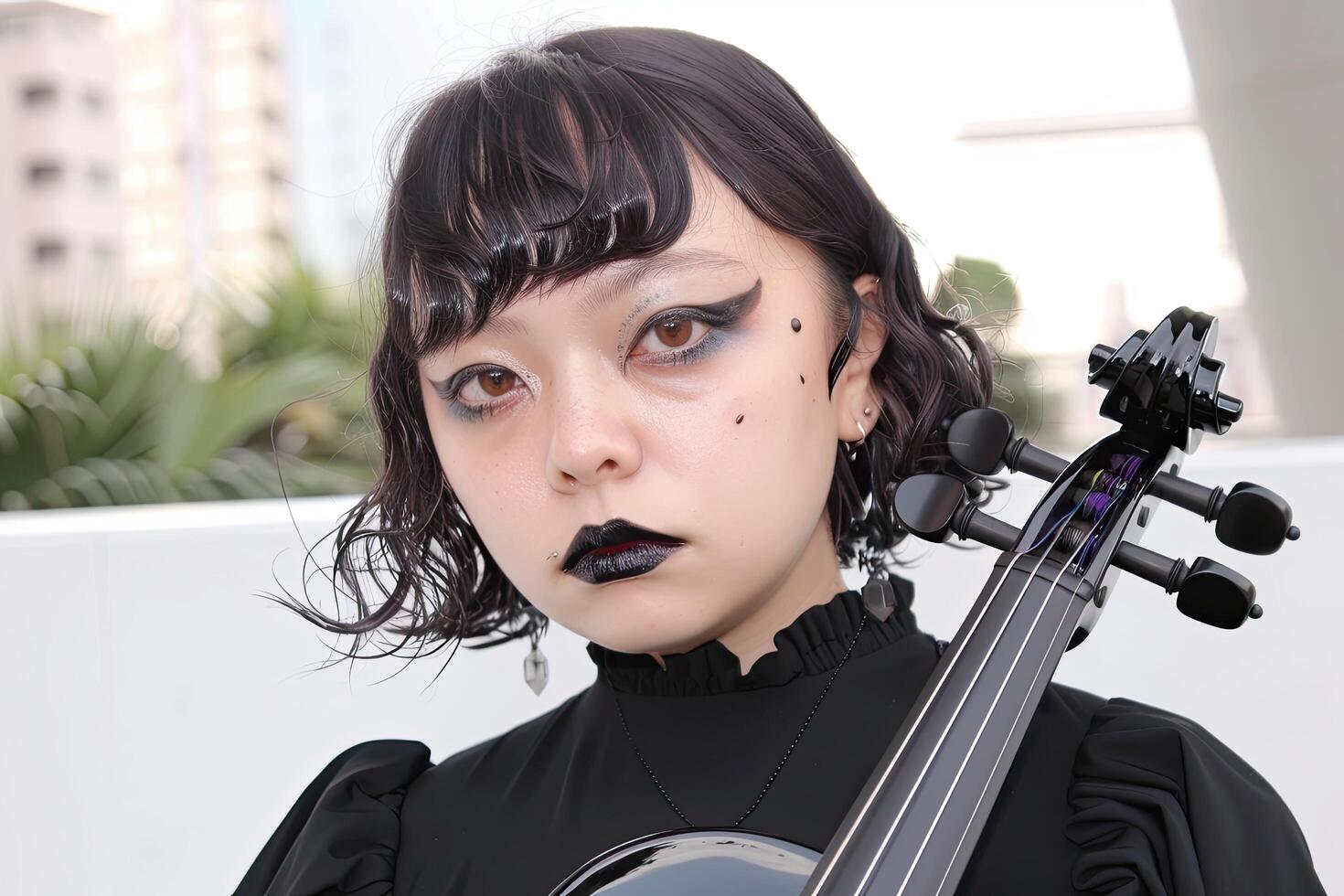 Young Woman With Black Hair and Dark Makeup Holds Black Violin photo