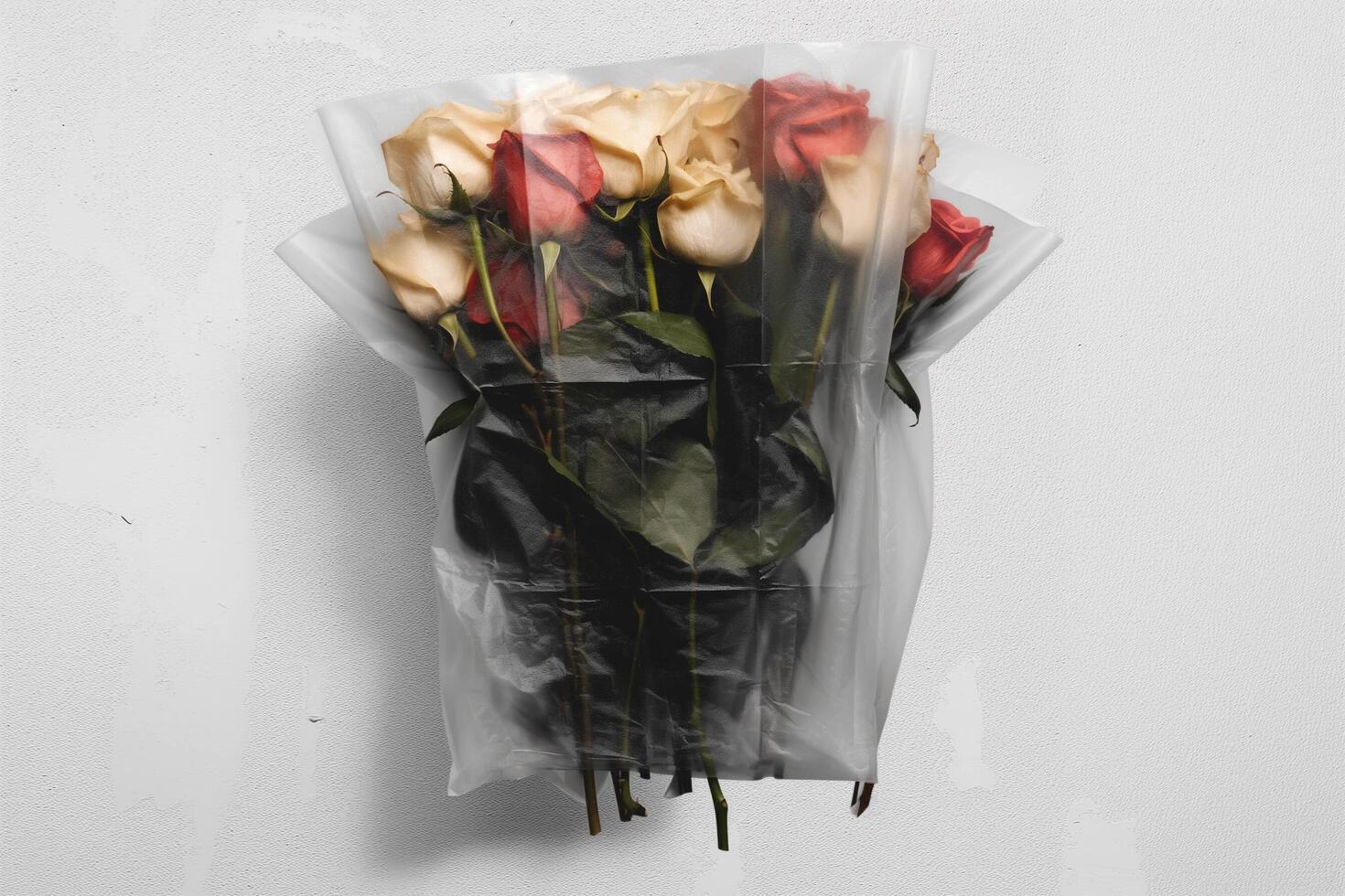 A Bouquet of Cream and Red Roses Wrapped in Clear Plastic Against a White Wall. photo