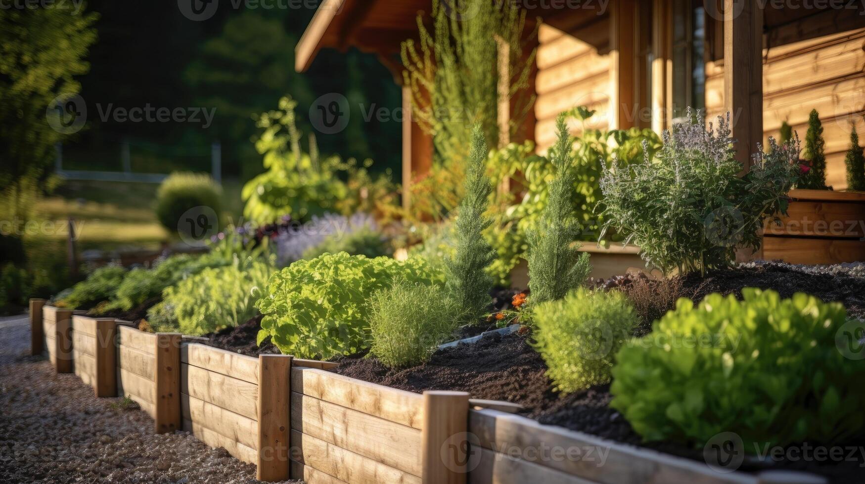 Raised wooden garden beds in a modern design, showcasing a variety of herbs, spices, and vegetables near a rustic wooden house. Perfect for gardening, outdoor living, and country lifestyle themes. photo