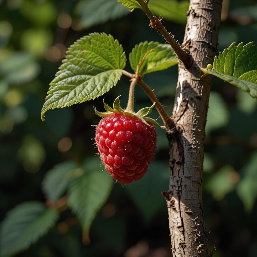 tasty berry ripe fresh Healthy raspberry on a branch photo
