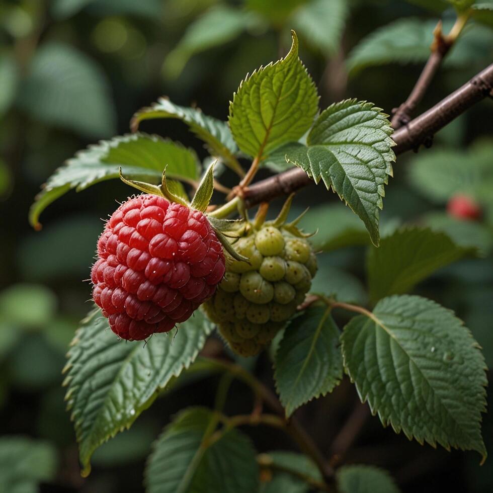 tasty berry ripe fresh Healthy raspberry on a branch photo