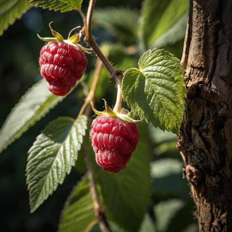 delicious berry ripe fresh Healthy raspberry on a branch photo