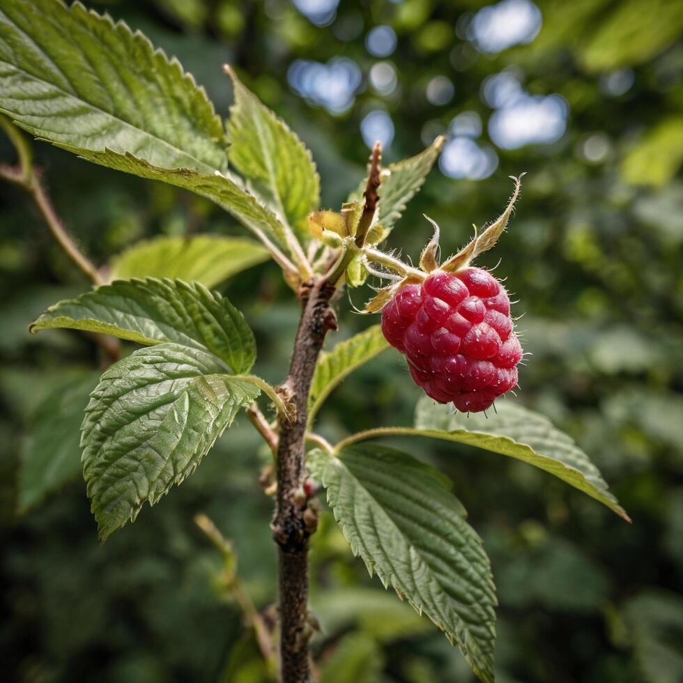 tasty berry ripe fresh Healthy raspberry on a branch photo