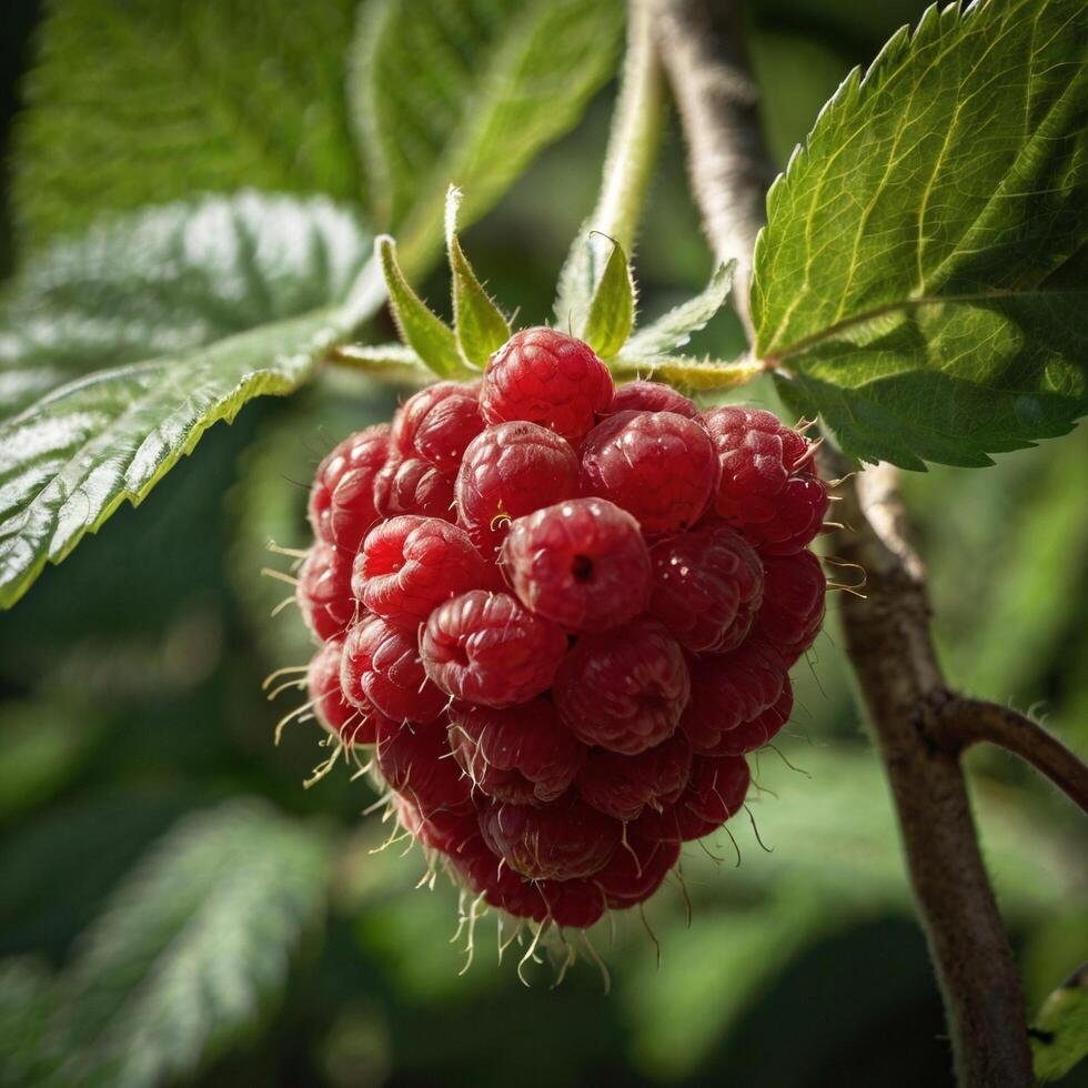 delicious berry ripe fresh Healthy raspberry on a branch photo