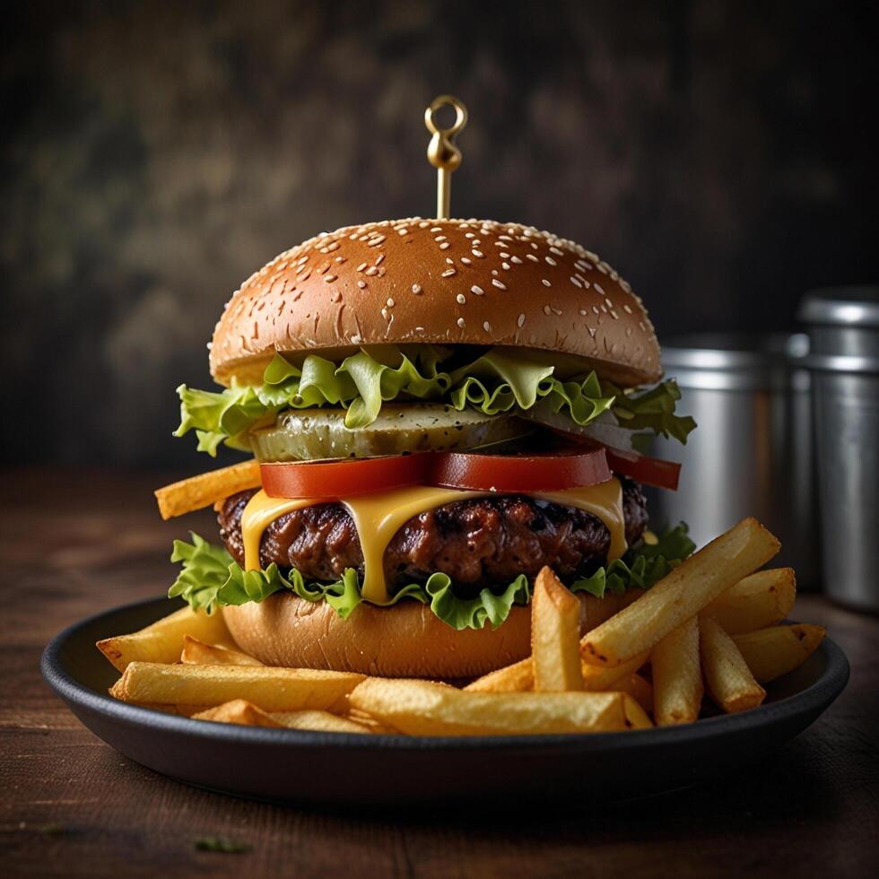 Cheeseburger with Beef Tasty Gourmet Burger with Pommes photo
