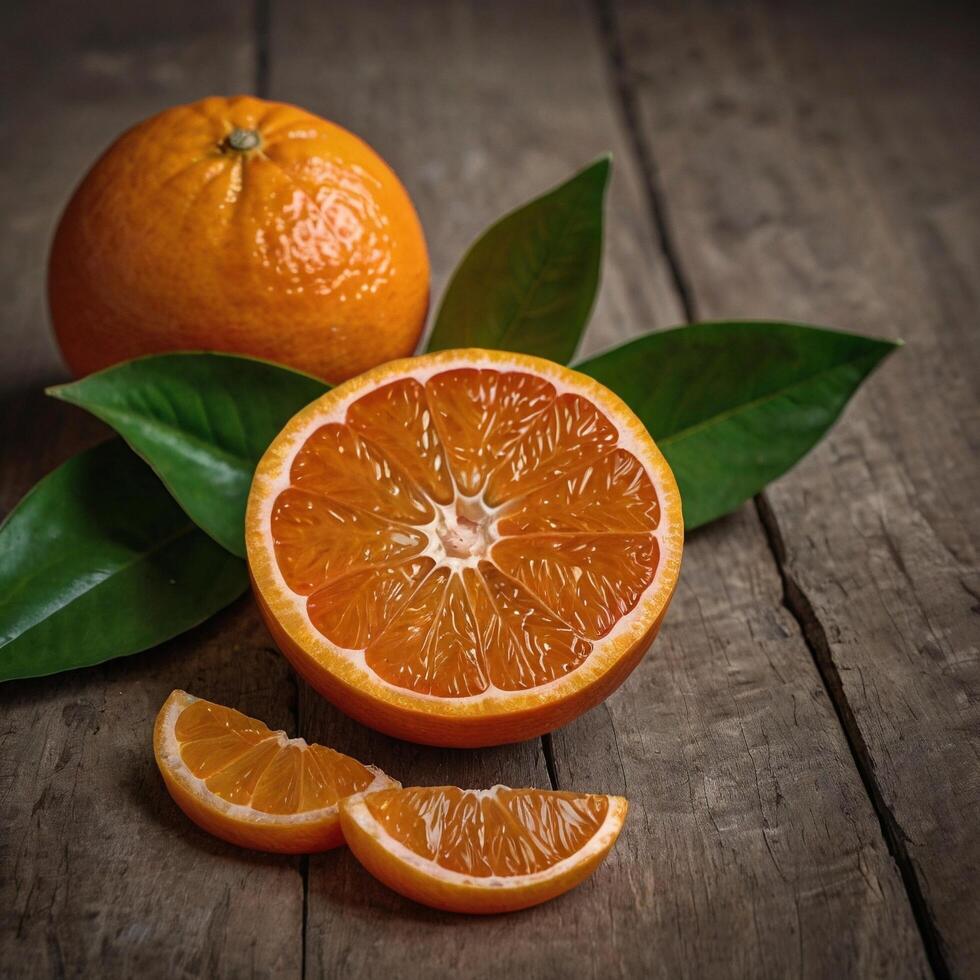 tasty delicious isolated orange on a wooden surface photo