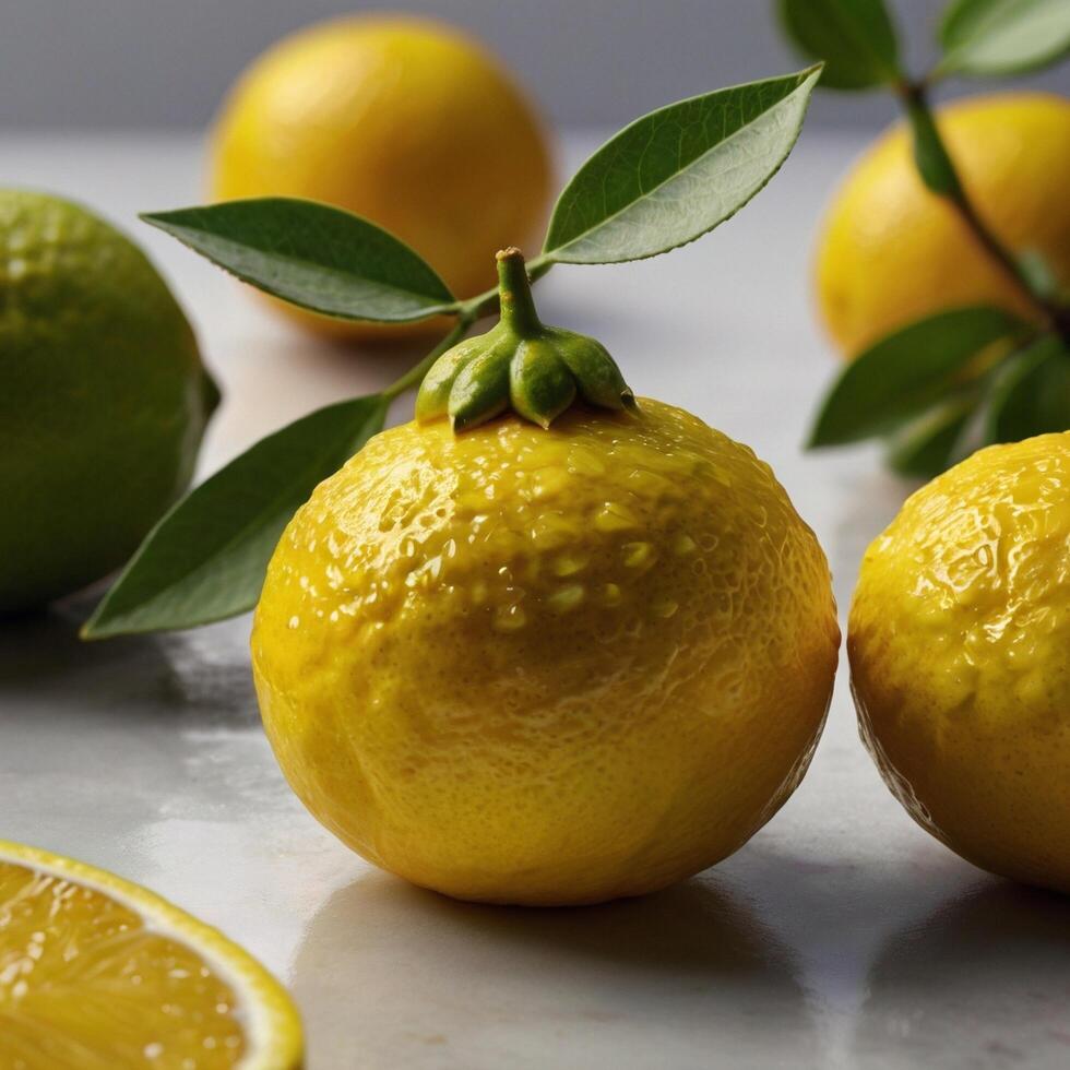Yellow Sour Fruity Lemon citrus fruit white background photo