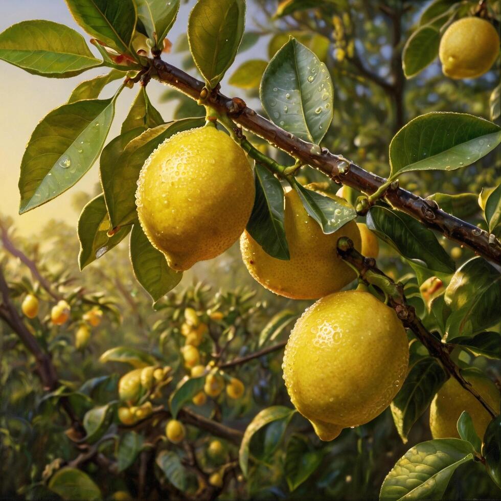 Yellow Sour Fruity Lemon citrus fruit branch photo