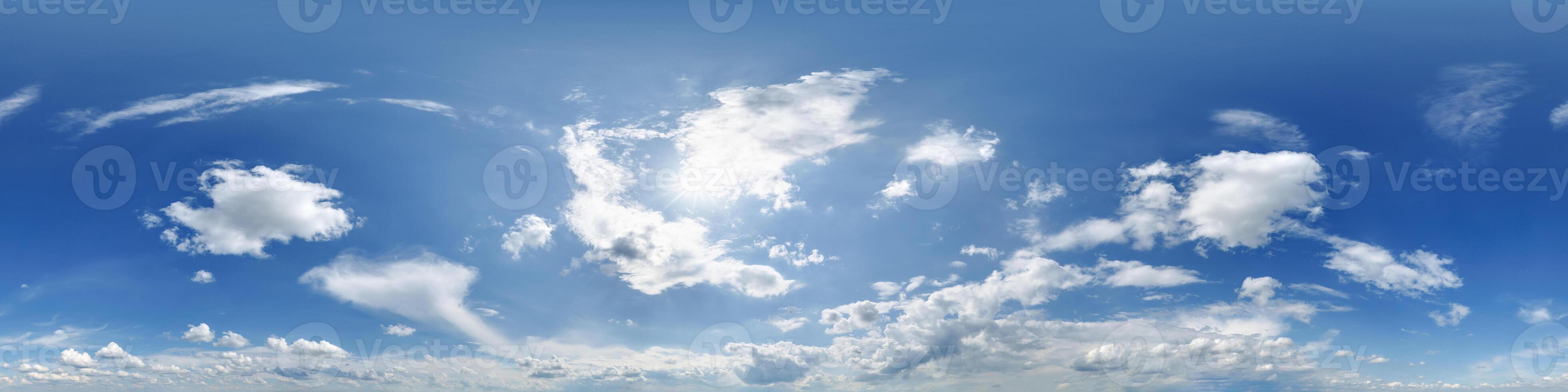 blue sky hdri 360 panorama view with awesome white clouds with zenith for use in 3d graphics as sky dome or edit drone shot as sky replacement photo