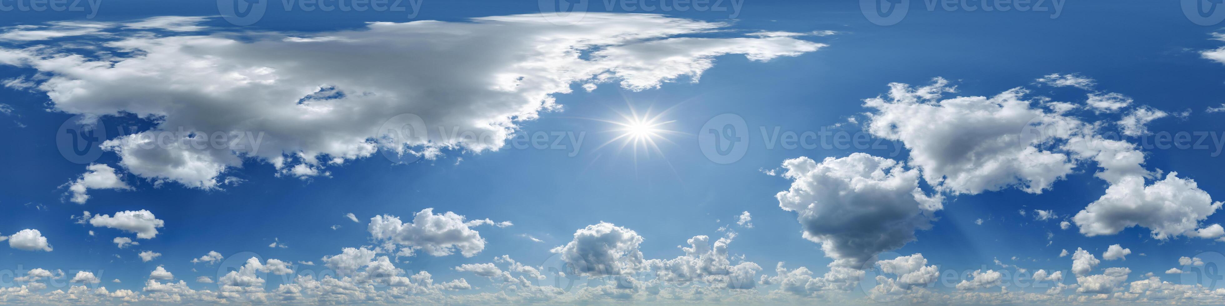 blue sky hdri 360 panorama view with awesome white clouds with zenith for use in 3d graphics as sky dome or edit drone shot as sky replacement photo
