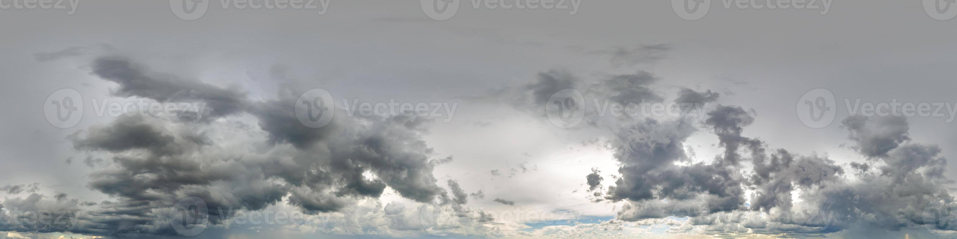 gray sky hdri 360 panorama with dark cloud before storm in seamless projection with zenith for use in 3d graphics as skydome or edit drone panoramas for sky replacement photo