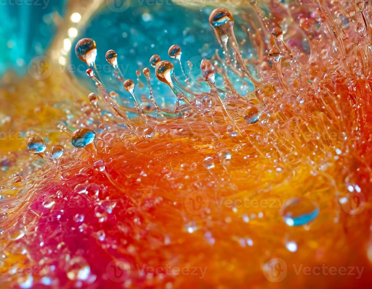 Bright abstract colorful liquid background with drops, splash and bubbles photo
