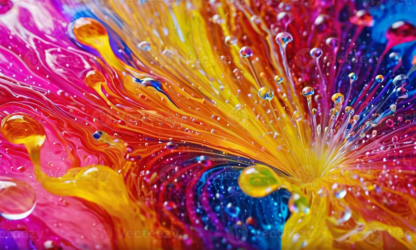 Bright abstract colorful liquid background with drops, splash and bubbles photo