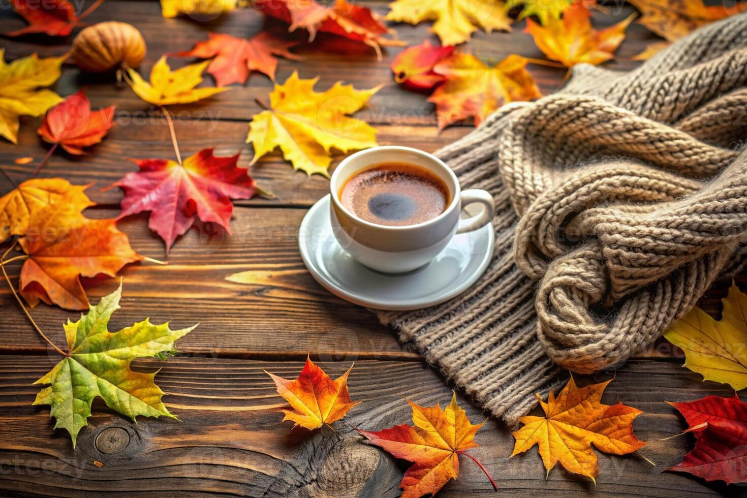 Cup of coffee and autumn leaves photo