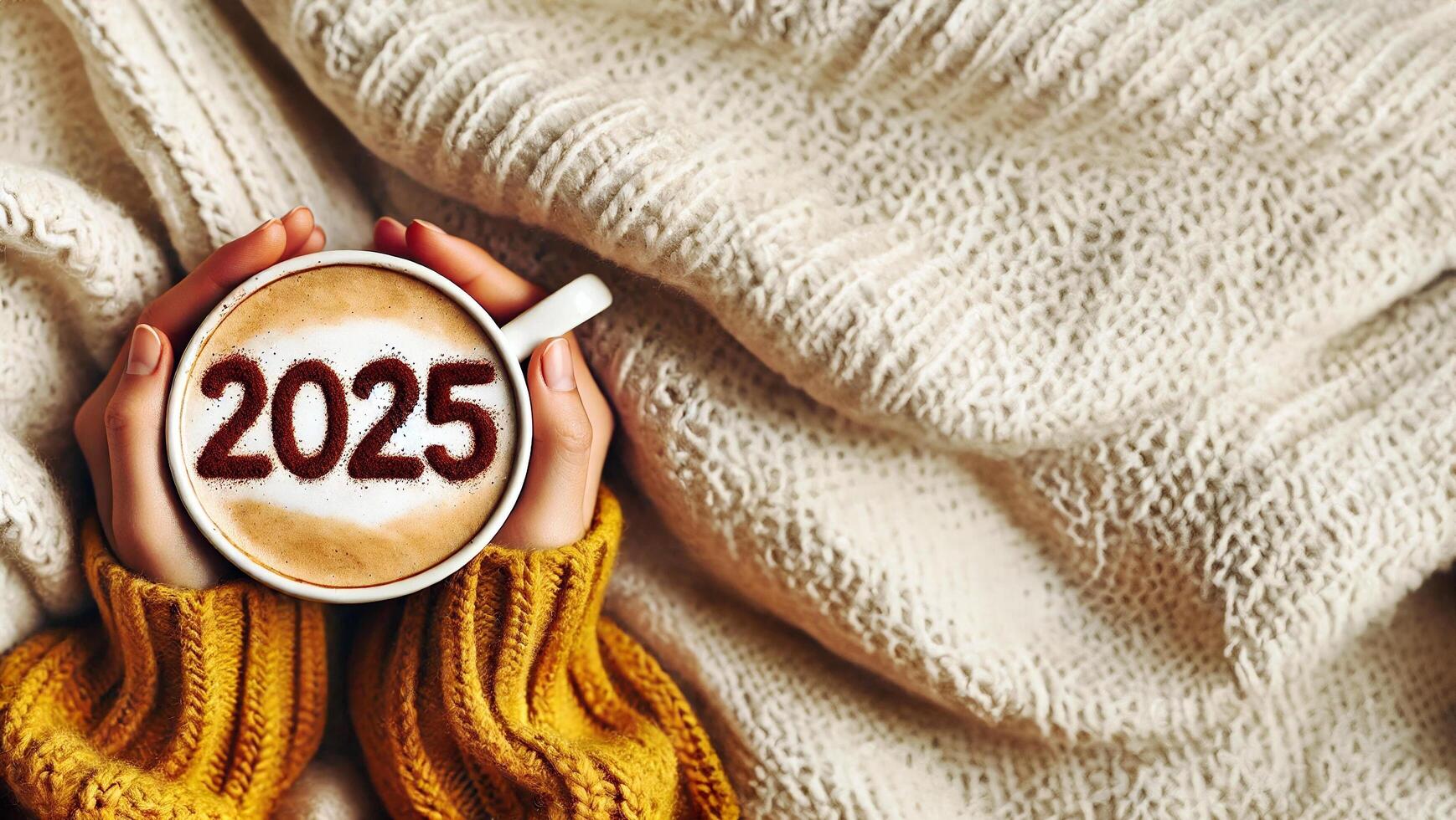Happy New Year goal. Number 2025 on the frothy surface of cappuccino coffee in the cup photo