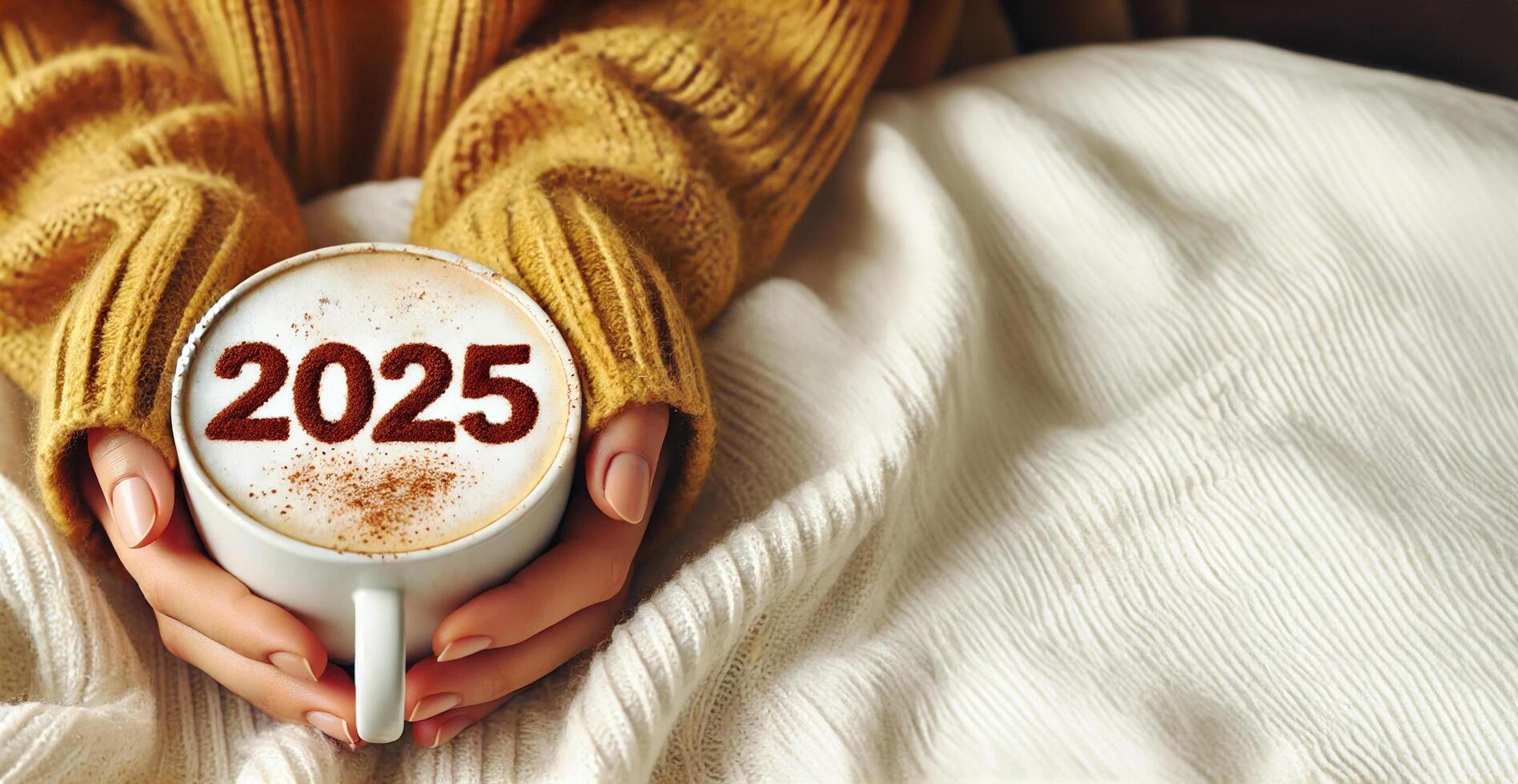 Happy New Year goal. Number 2025 on the frothy surface of cappuccino coffee in the cup photo