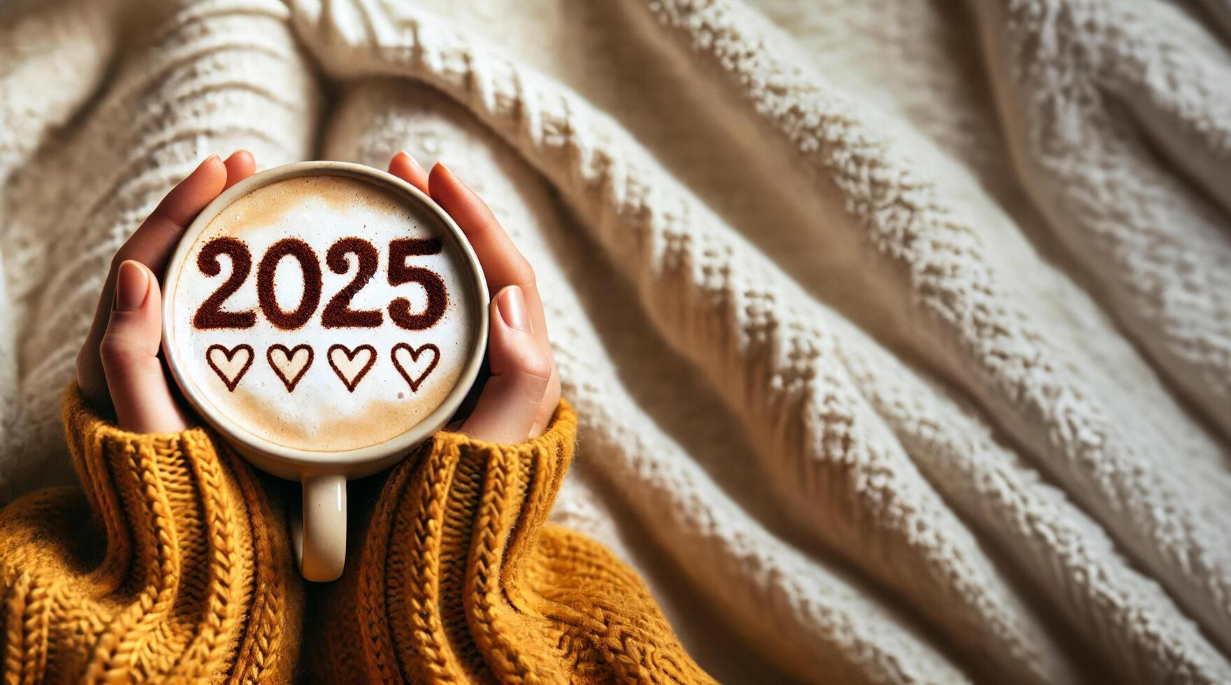 Happy New Year goal. Number 2025 on the frothy surface of cappuccino coffee in the cup photo