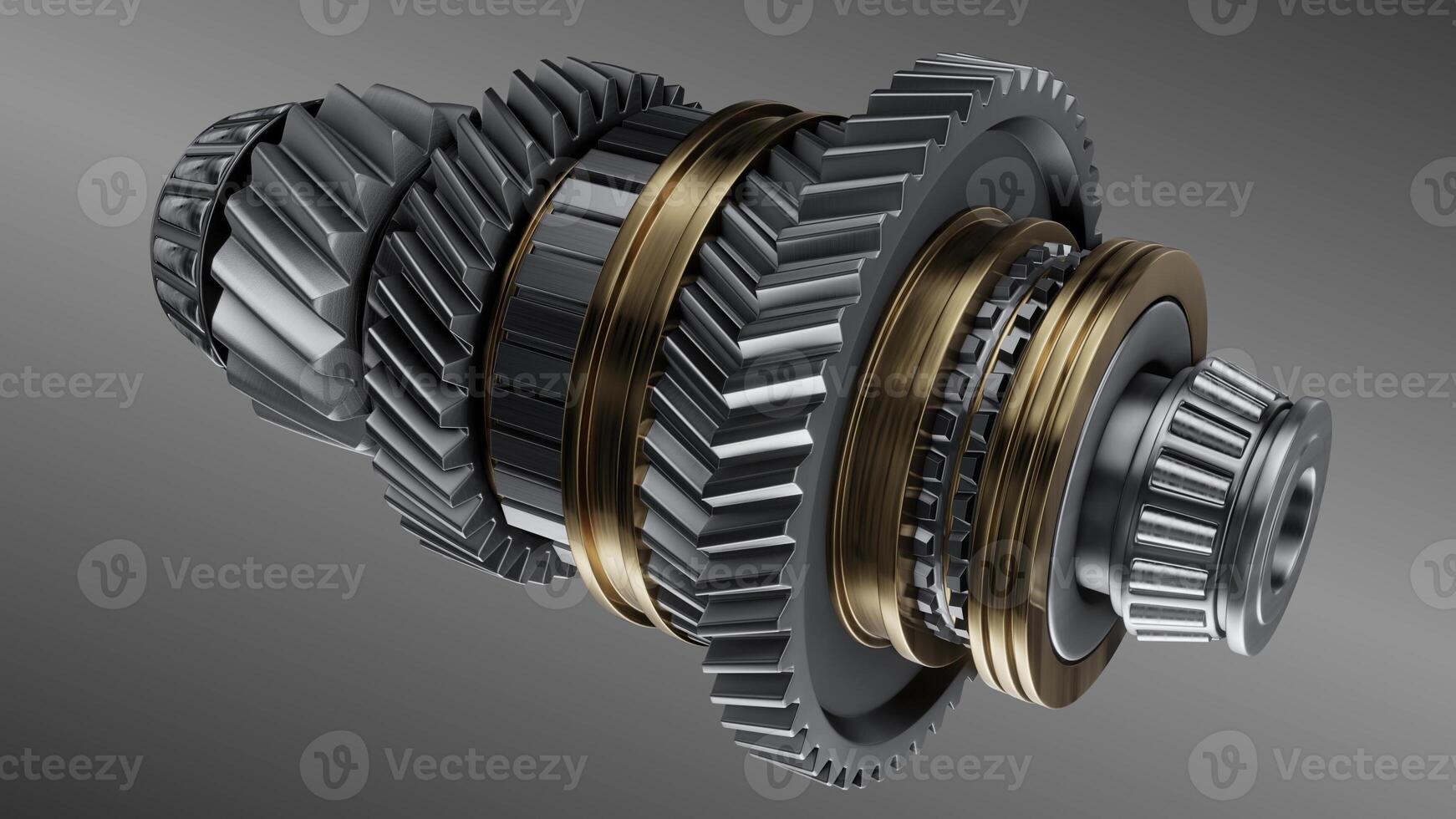 Shaft with gears from the gearbox isolated 3D Rendering. photo