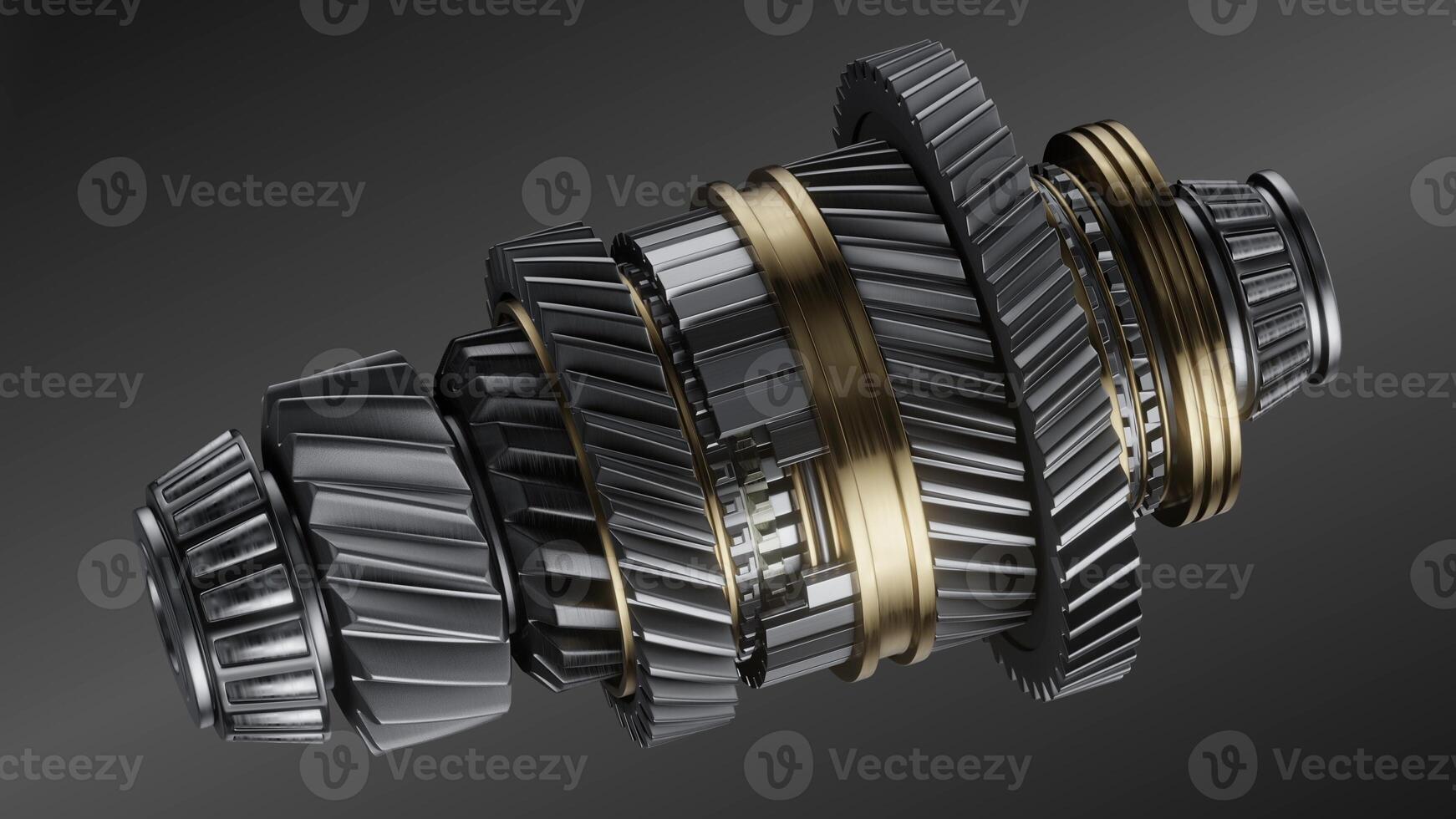 Shaft with gears from the gearbox isolated 3D Rendering. photo