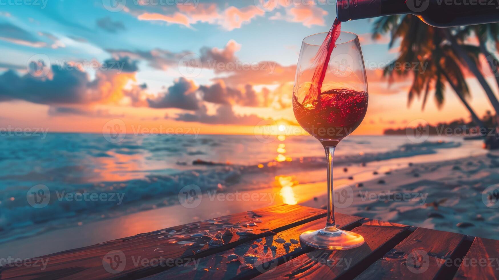 Pouring red wine into glass on wooden table on the tropical beach at golden hour sunset photo