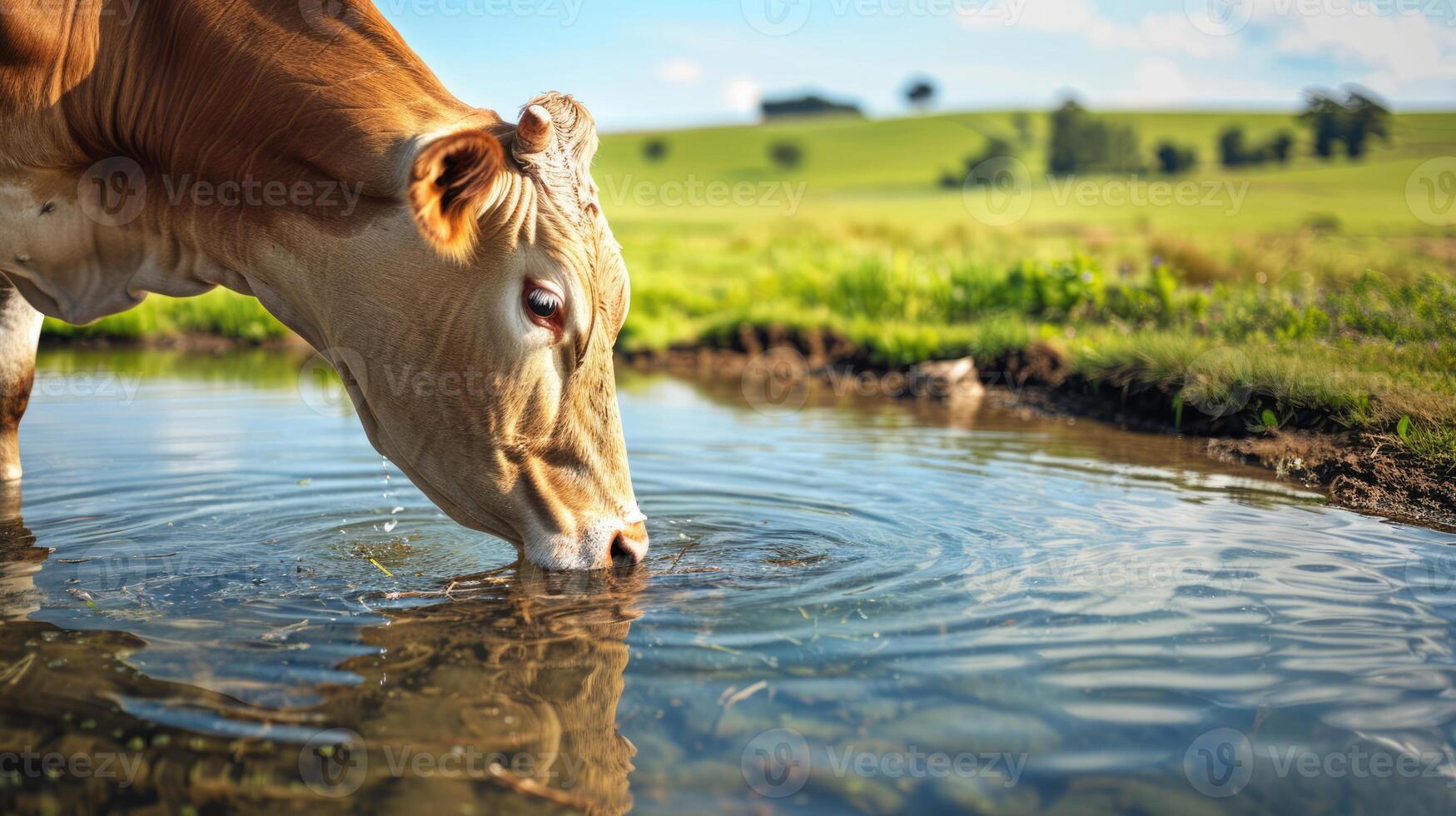 Cow drinking water from the pond on a beautiful summer day close-up image. Farm animals graze on the farmland photo