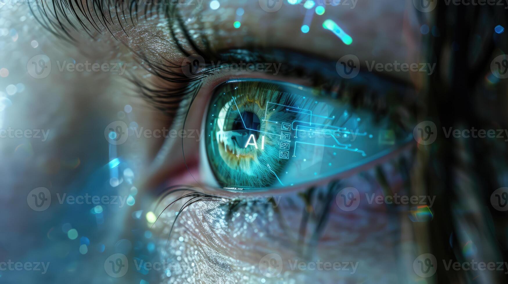 Woman's eye with AI text in her eyeball closeup image. Future technology and artificial intelligence concept photo