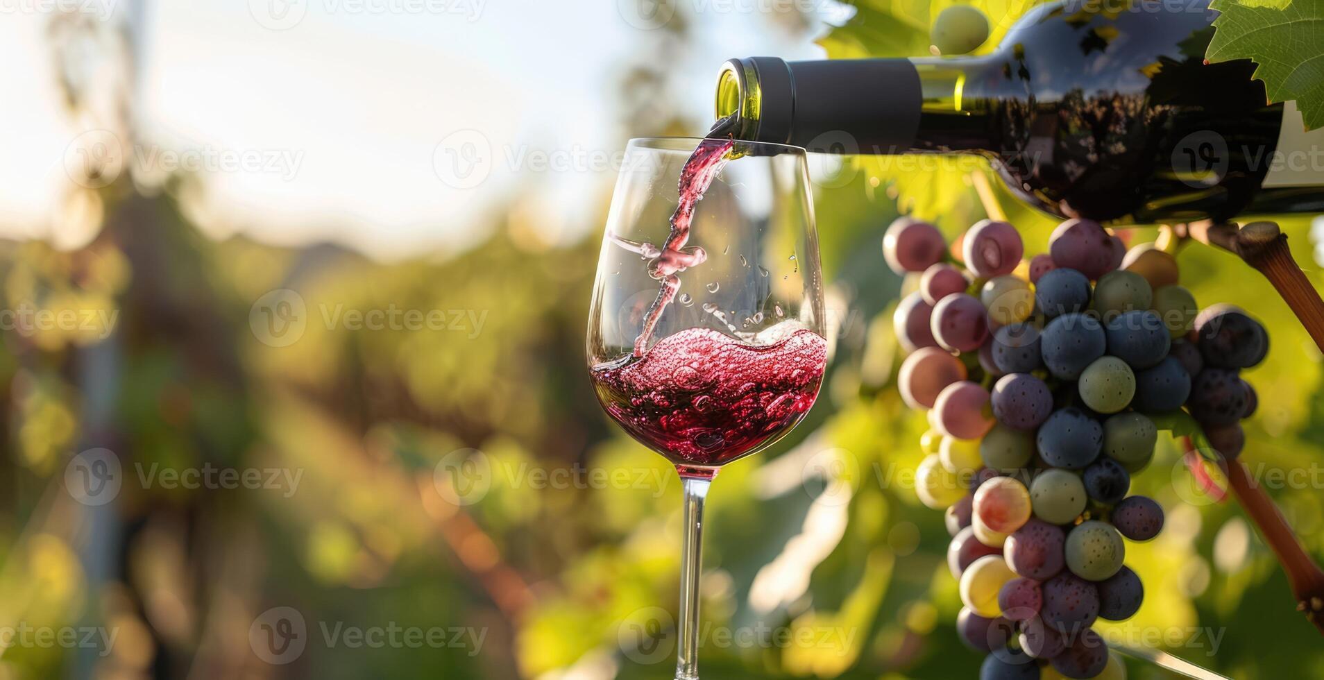 Pouring red wine into glass on the wooden barrel in the vineyard on a beautiful summer day photo