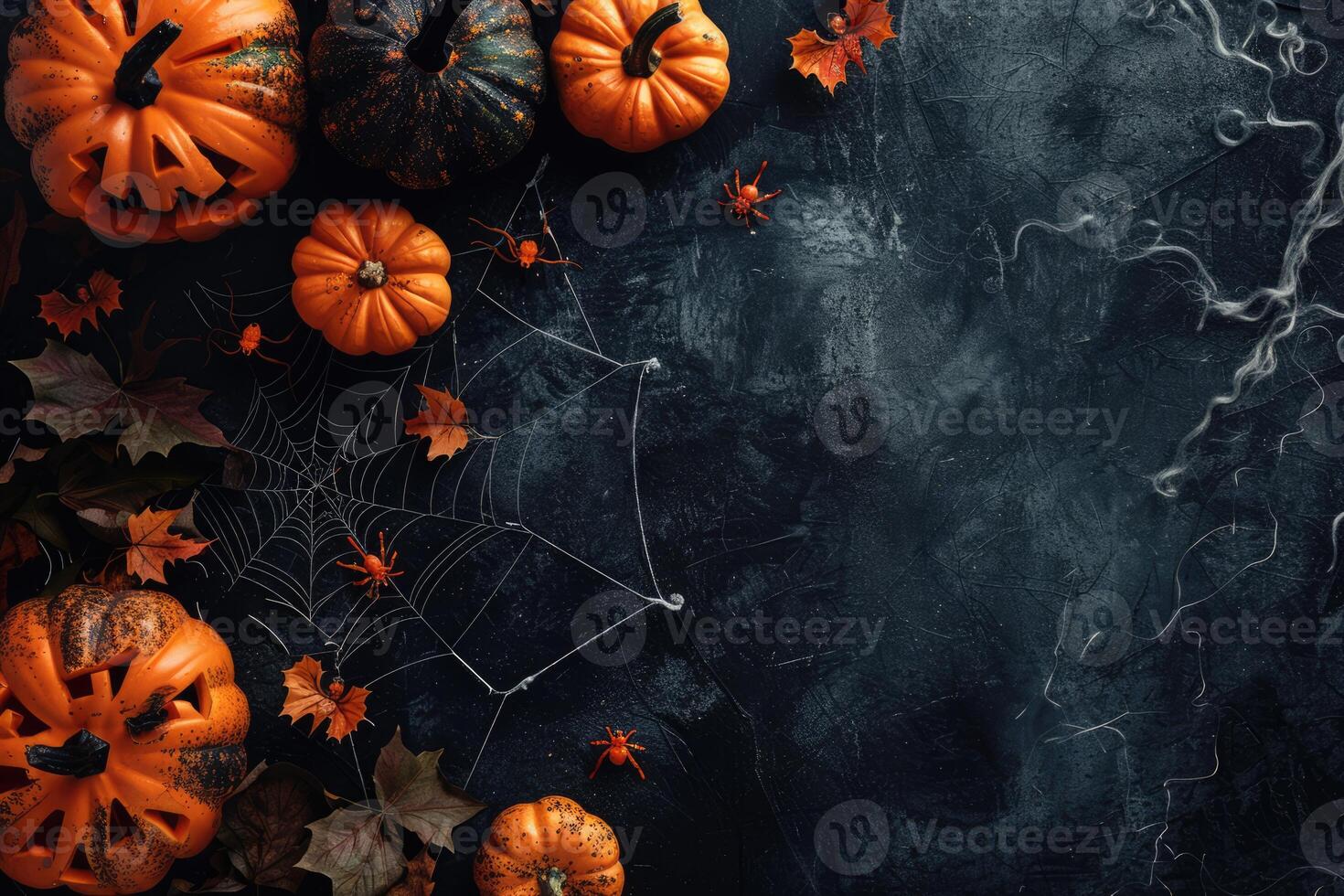 Halloween theme card with pumpkins and spiderweb on dark background with copy space. Spooky scary holiday concept photo