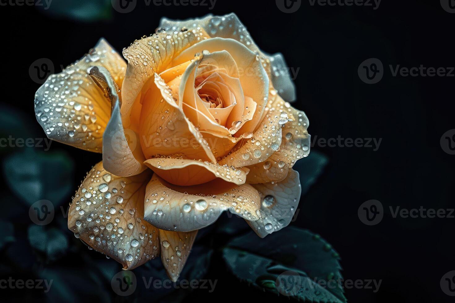 Yellow and white rose with drops of water on black background close-up image photo