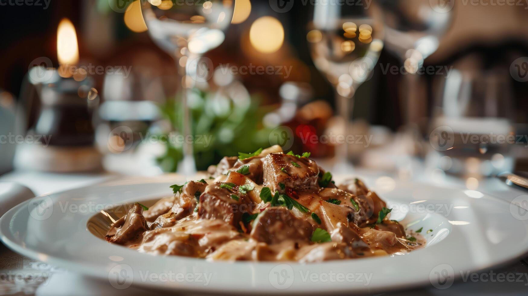Beef stroganoff dish with gravy on white plate in the restaurant close-up image photo