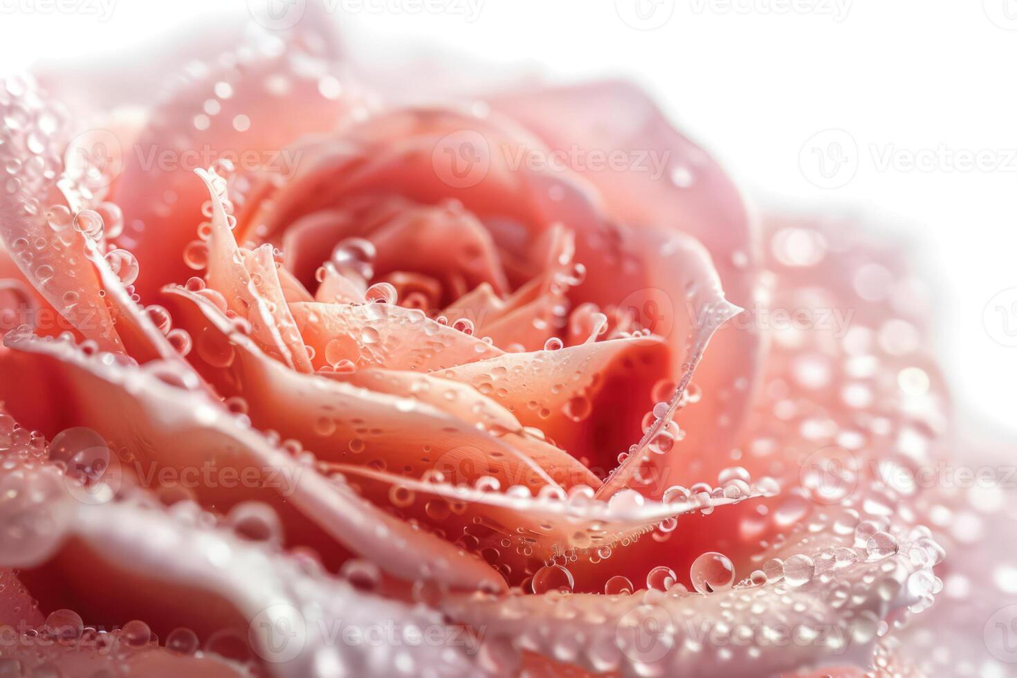 Pink rose with drops of water on white background close-up image photo