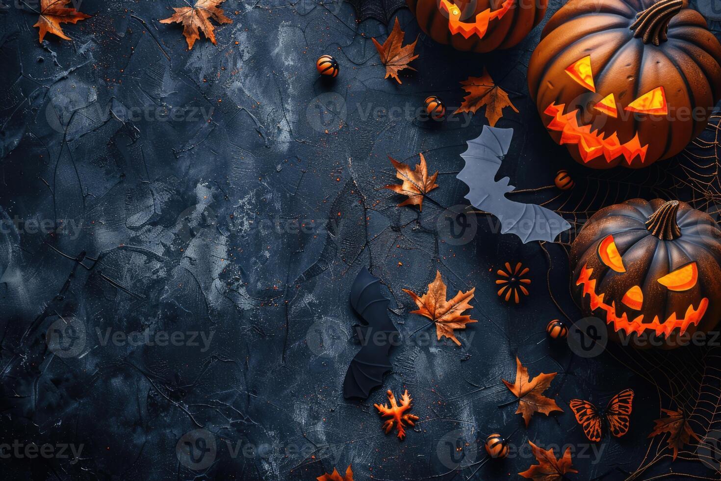 Halloween theme card with carved pumpkin heads and bats on dark background with copy space. Spooky scary holiday concept photo