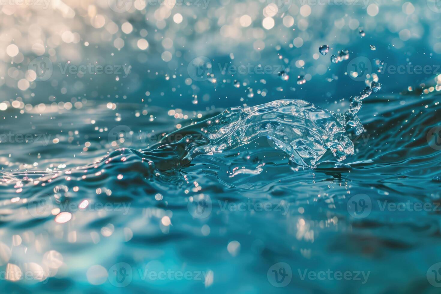 Water splash on the rippled surface with sun reflection. Transparent blue clear surface background photo