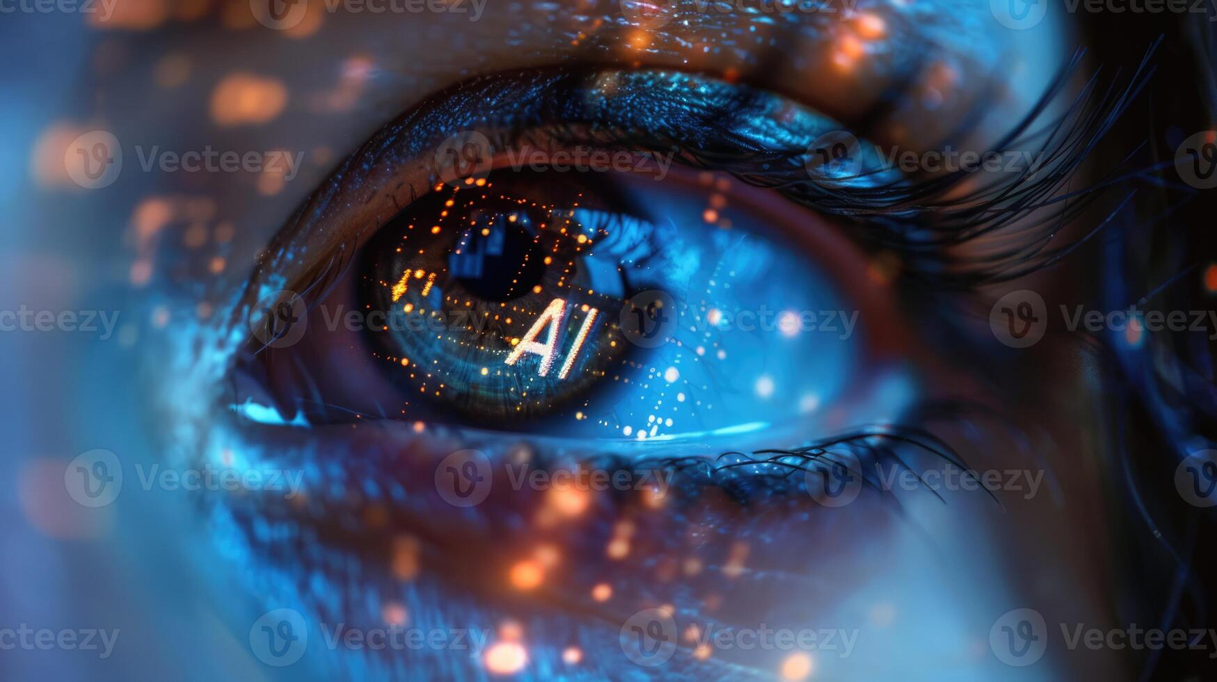 Woman's eye with AI text and data in her eyeball closeup image. Future technology and artificial intelligence concept photo