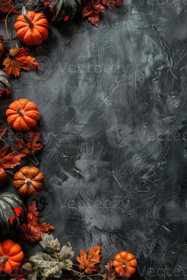 Halloween theme card with pumpkins and dry leaves on dark background with copy space. Spooky scary holiday concept photo