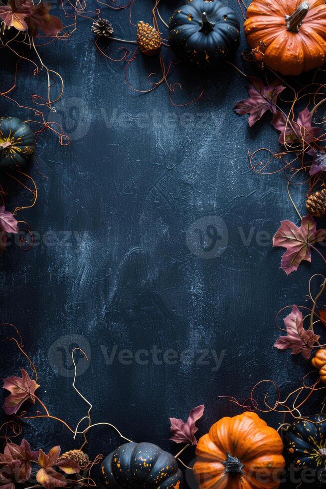 Halloween theme card with pumpkins and dried leaves on dark background with copy space. Spooky scary holiday concept photo