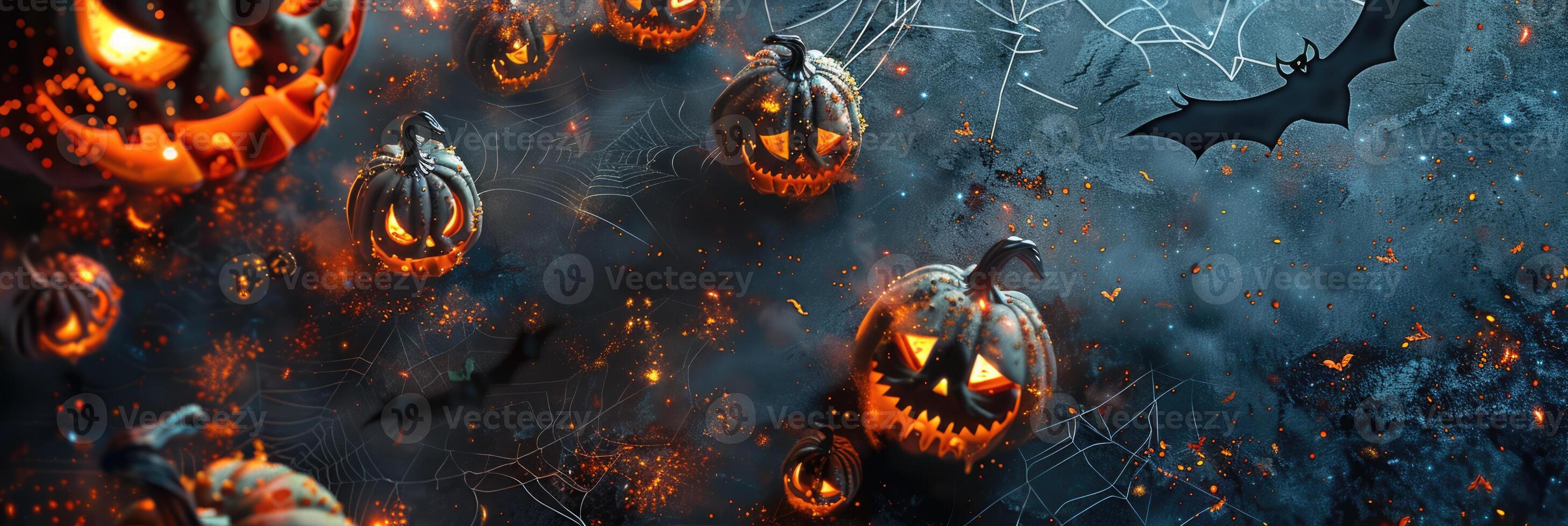 Halloween theme card with pumpkins, bats and spiderweb on dark background with copy space. Spooky scary holiday concept photo