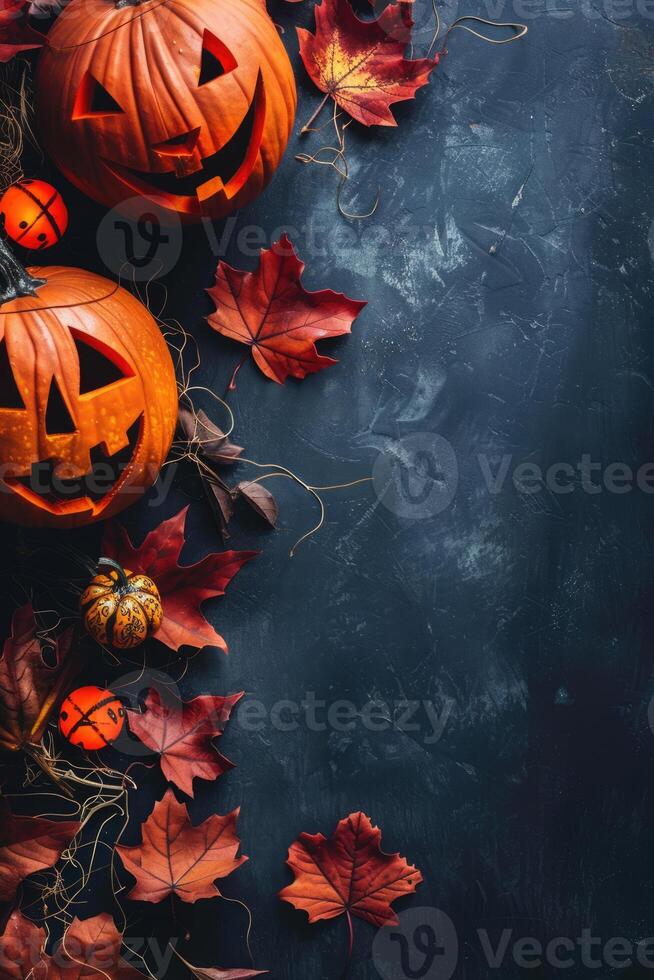 Halloween theme card with carved pumpkin heads on dark brown background with copy space. Spooky scary holiday concept photo