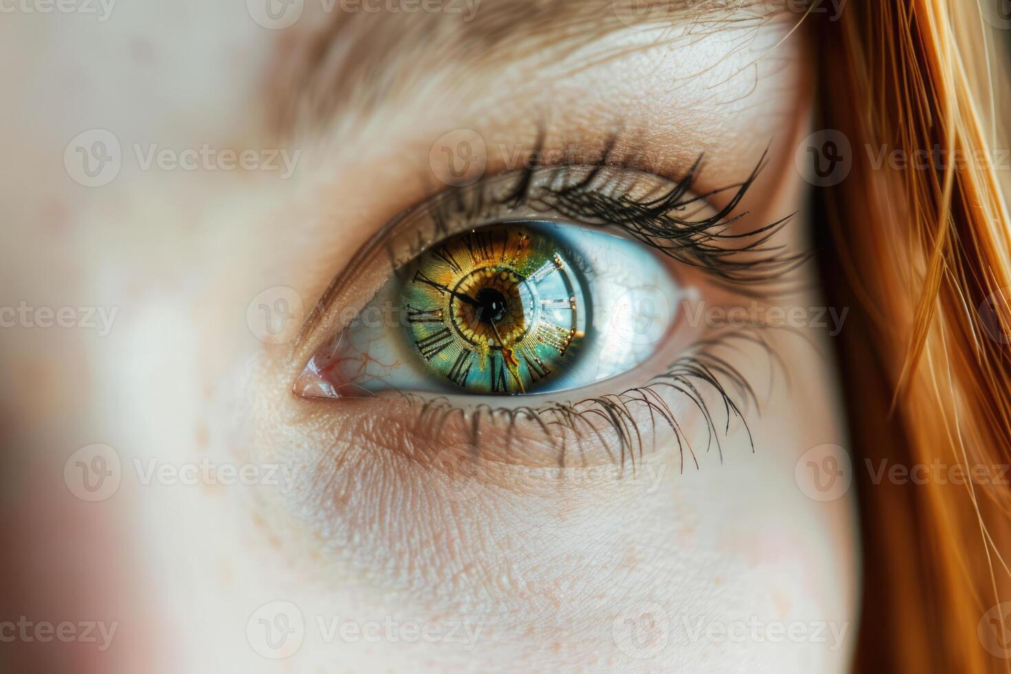 Woman's eye with a clock lens on her eyeball closeup image. Lack of time or time passing by concept photo