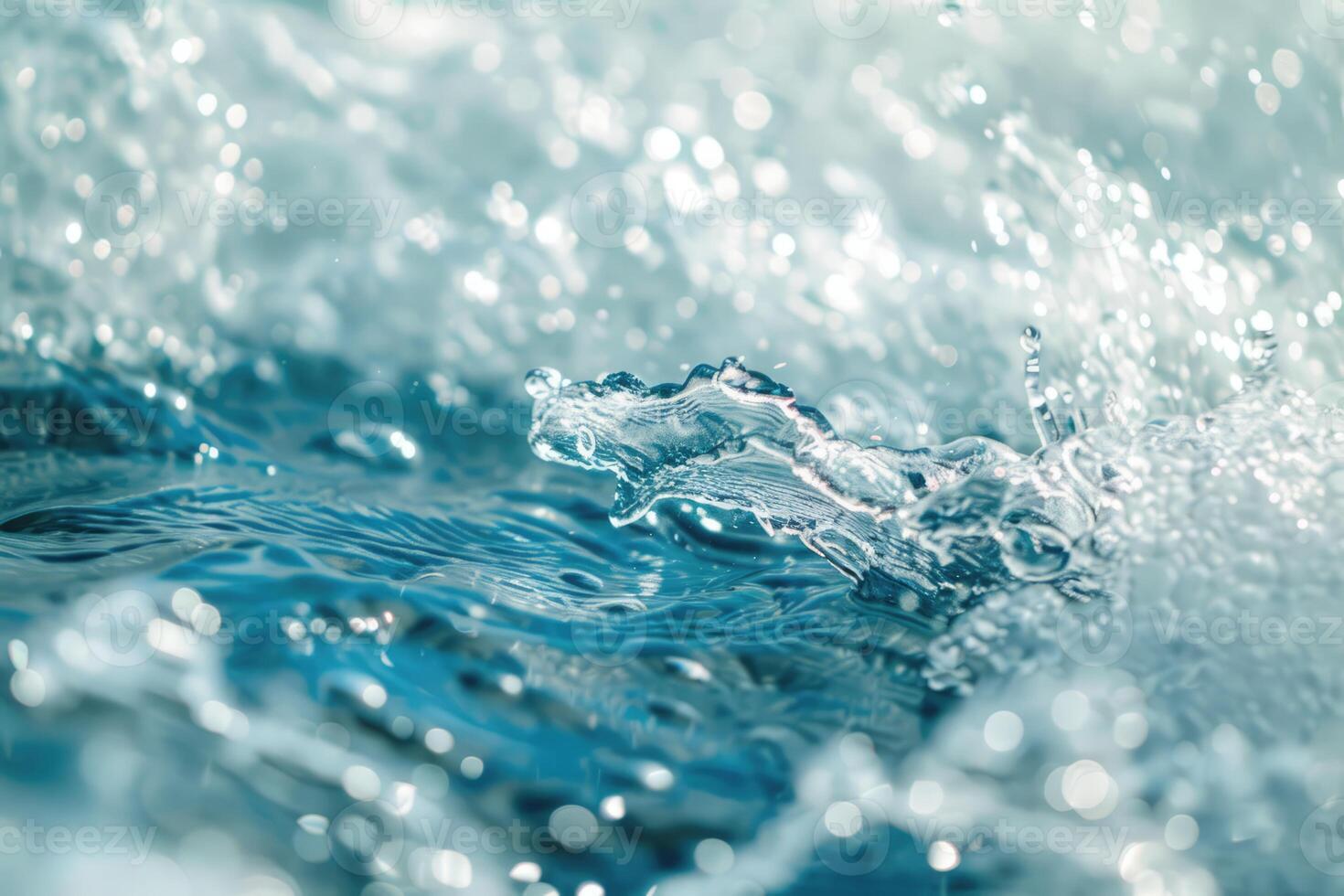 Water splash on the rippled surface with sun reflection. Transparent blue clear surface background photo