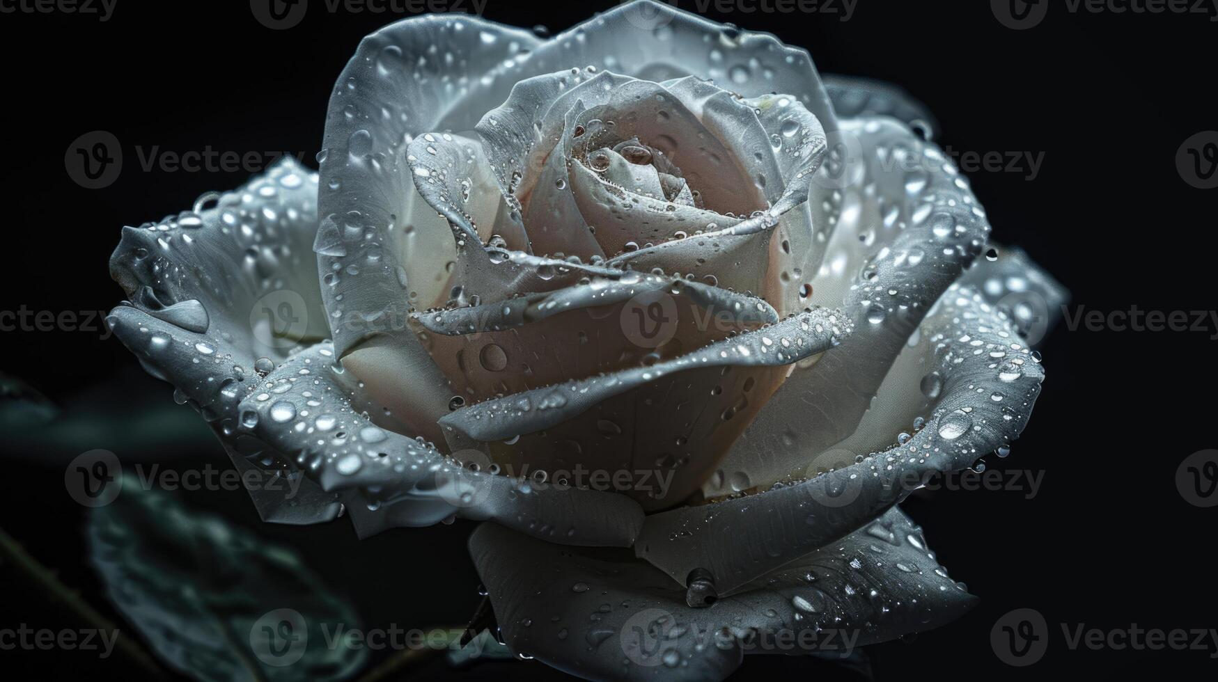 White rose with drops of water on black background close-up image photo