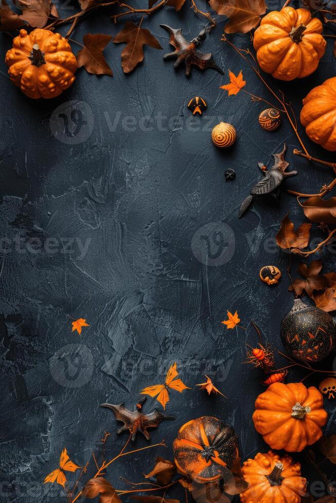 Halloween theme card with pumpkins and dry leaves on dark background with copy space. Spooky scary holiday concept photo