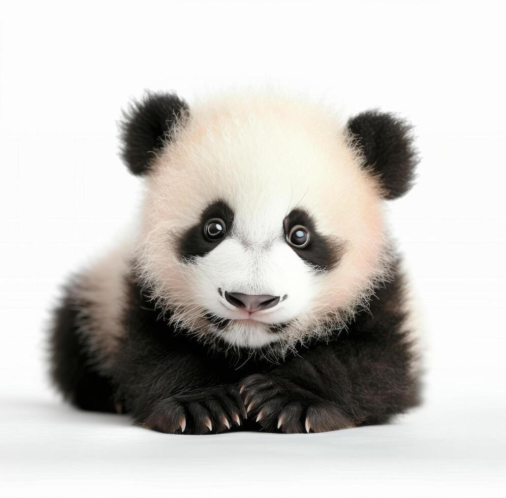 Cute Baby Panda Playing Among Soft Leaves in Natural Habitat photo