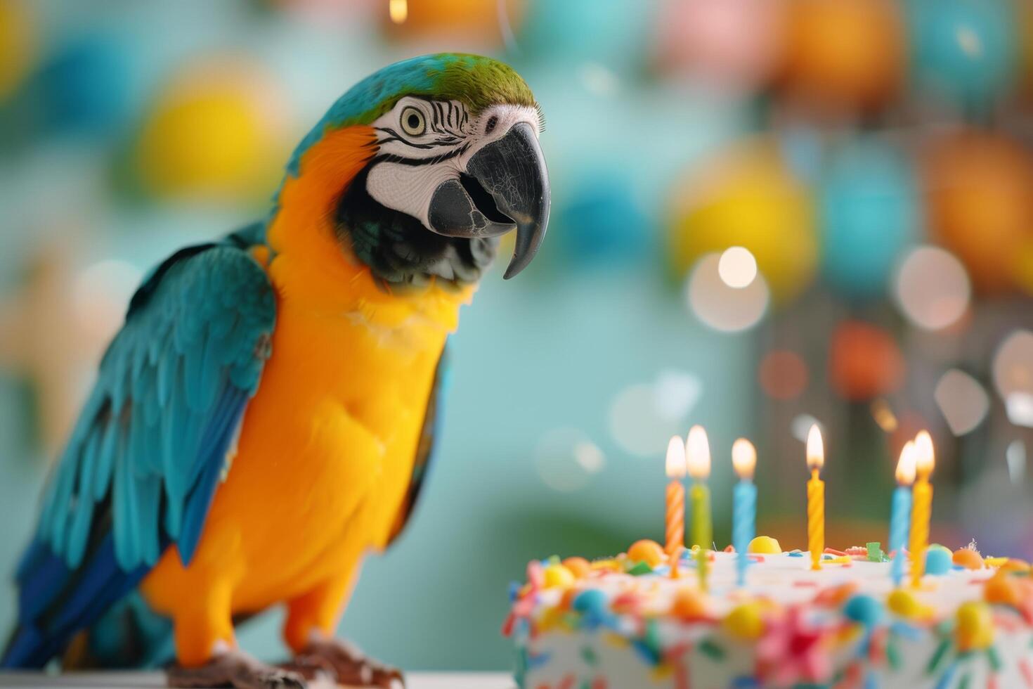 Colorful Parrot at a Birthday Celebration With Cake and Candles photo