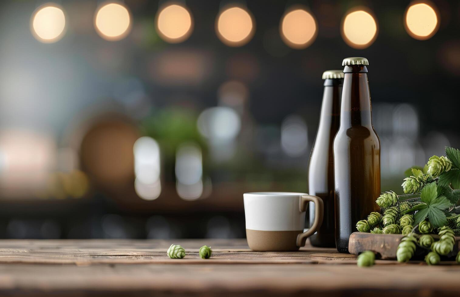 Cold Beer Glass With Bottles and Fresh Hops on Rustic Wooden Table photo