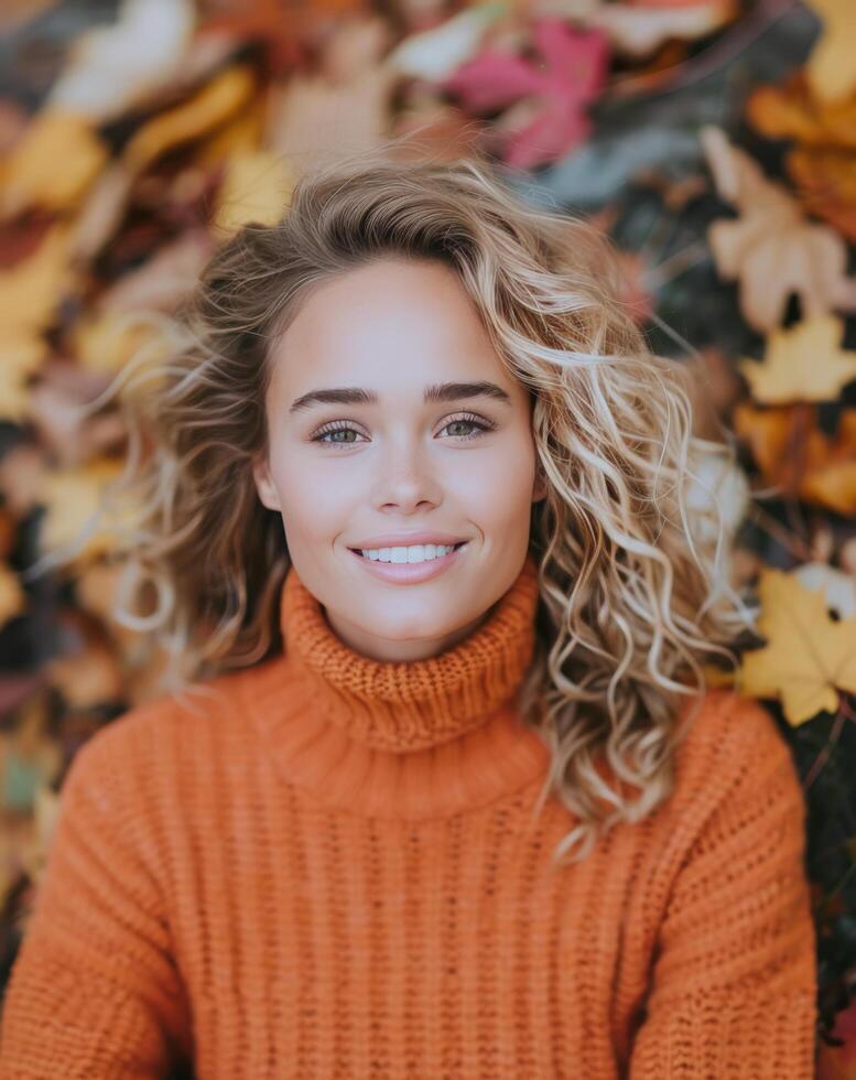 Woman With Curly Hair Relaxing Among Colorful Autumn Leaves in a Park photo